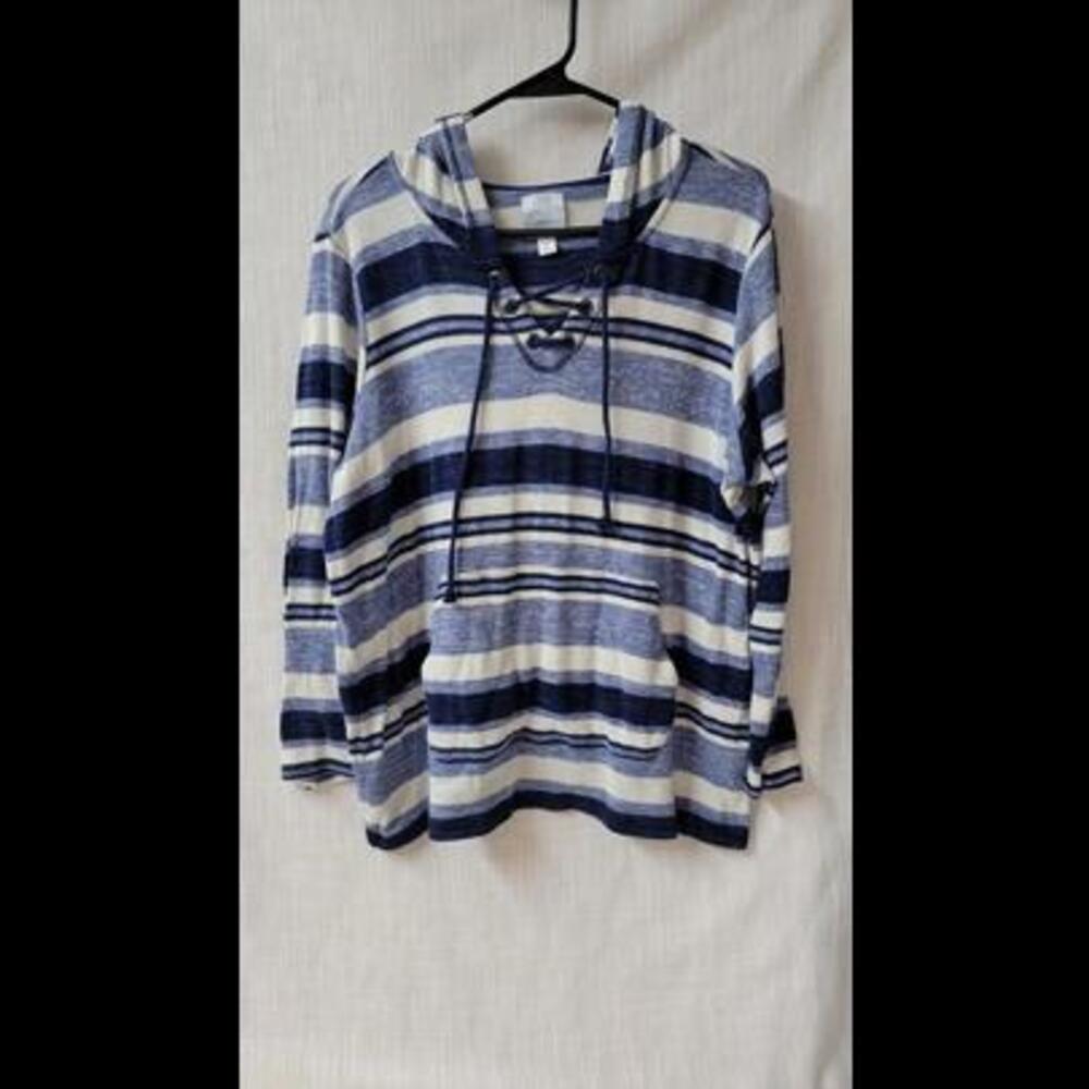 Sunday Blue  Striped Hooded Pullover Sweater Womens 1X Oversized Beac b12